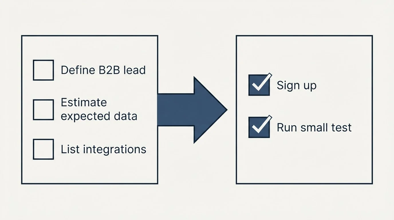 Before-and-after steps: Getting Started Checklist (Define B2B lead, Estimate expected data, List integrations, Sign up)