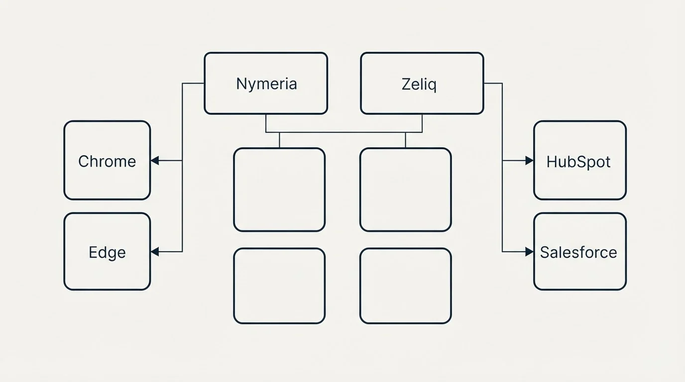 Integration grid: Integration Ecosystem (Nymeria, Zeliq, Chrome, HubSpot)