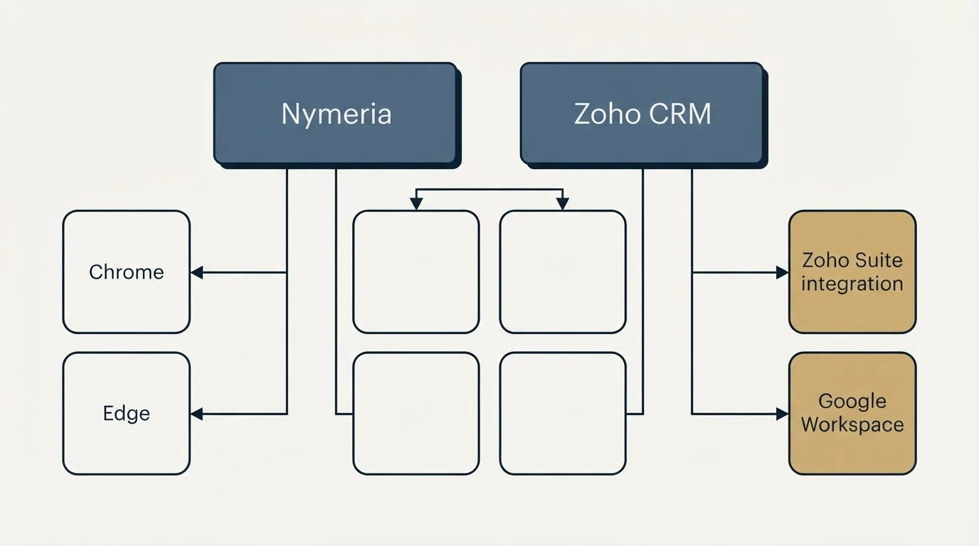 Integration grid: Integration Ecosystem (Nymeria, Zoho CRM, Chrome, Zoho Suite integration)