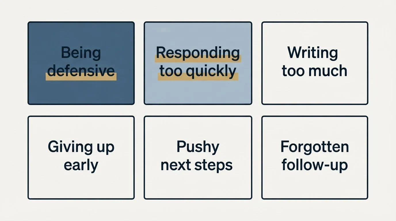 Schematic: Common Mistakes to Avoid (Being defensive, Responding too quickly, Writing too much, Giving up early)