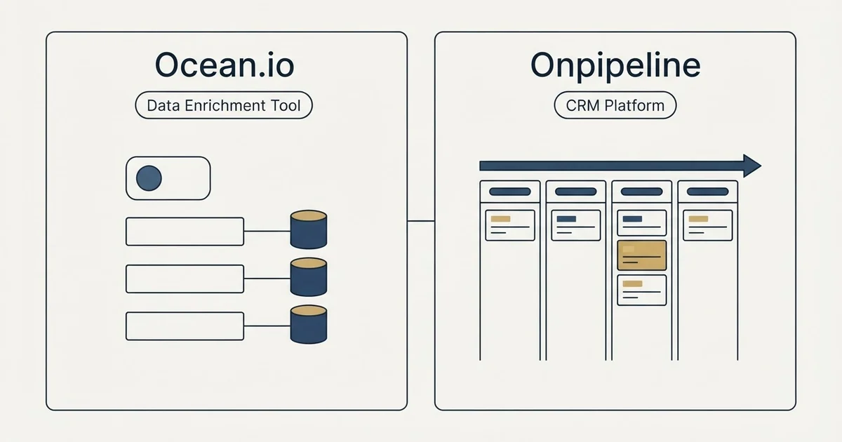 Side-by-side panels: Ocean.io vs Onpipeline (Data Enrichment Tool, CRM Platform)