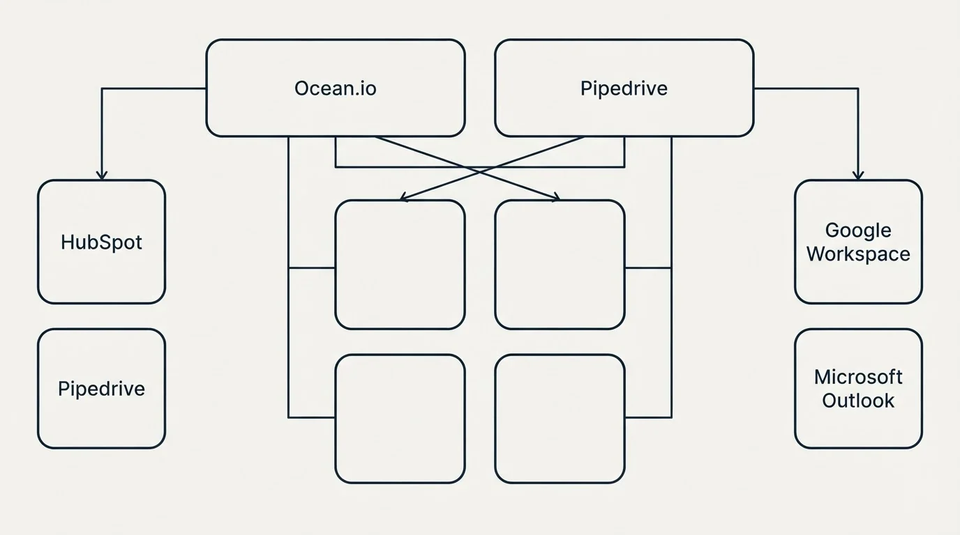 Integration grid: Integration Ecosystem (Ocean.io, Pipedrive, HubSpot, Google Workspace)
