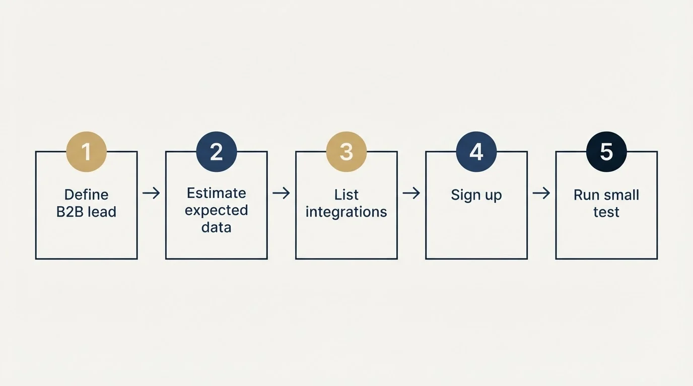 Step sequence: Getting Started Checklist (Define B2B lead, Estimate expected data, List integrations, Sign up)