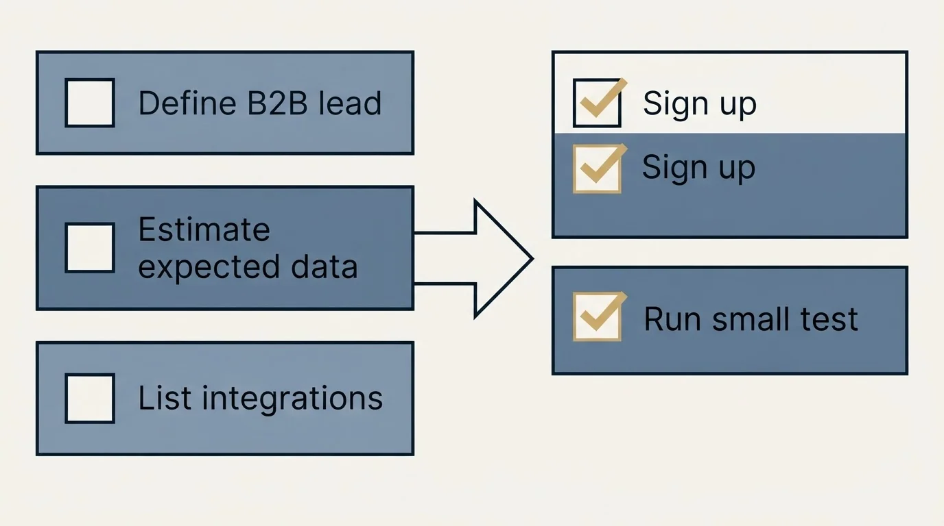 Before-and-after steps: Getting Started Checklist (Define B2B lead, Estimate expected data, List integrations, Sign up)