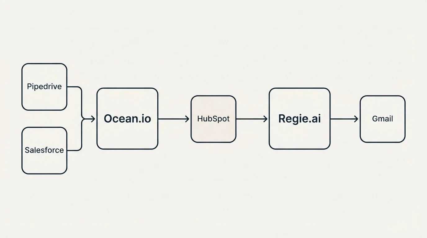 Integration flow: Integration Ecosystem (Ocean.io, Regie.ai, HubSpot, Pipedrive)