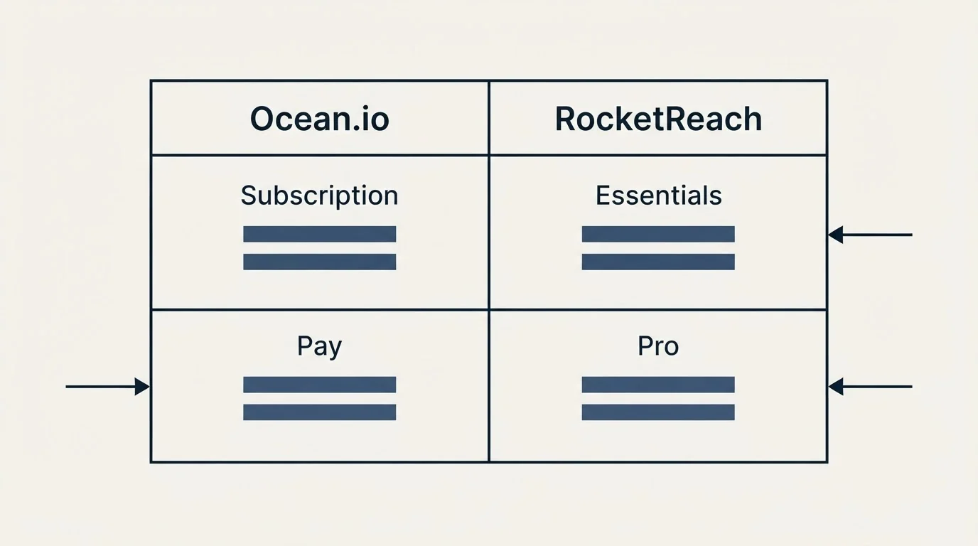 Pricing table: Pricing Comparison (Ocean.io, RocketReach, Subscription, Essentials)