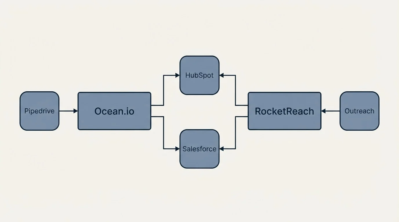 Integration flow: Integration Ecosystem (Ocean.io, RocketReach, HubSpot, Salesforce)