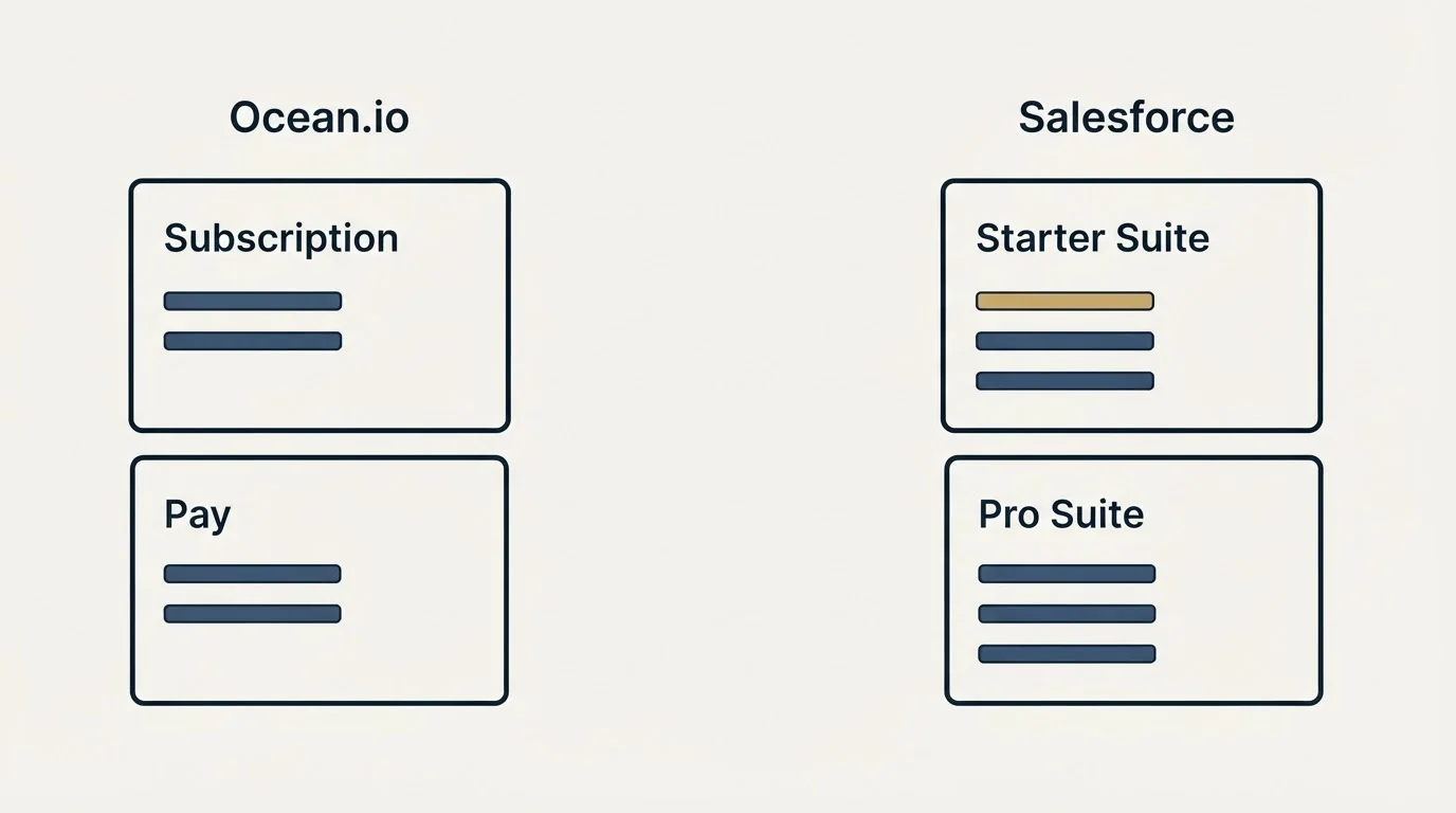 Pricing panels: Pricing Comparison (Ocean.io, Salesforce, Subscription, Starter Suite)