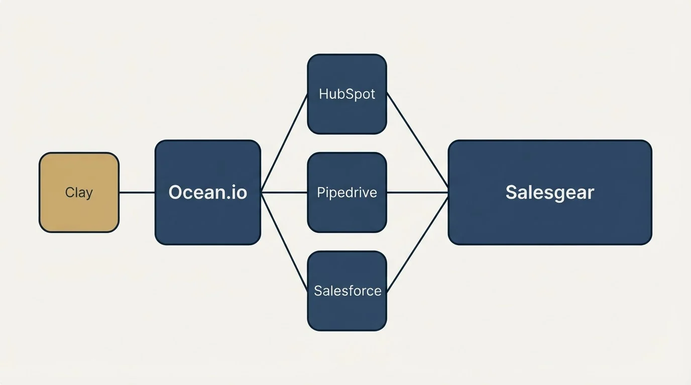 Integration schematic: Integration Ecosystem (Ocean.io, Salesgear, HubSpot, Pipedrive)