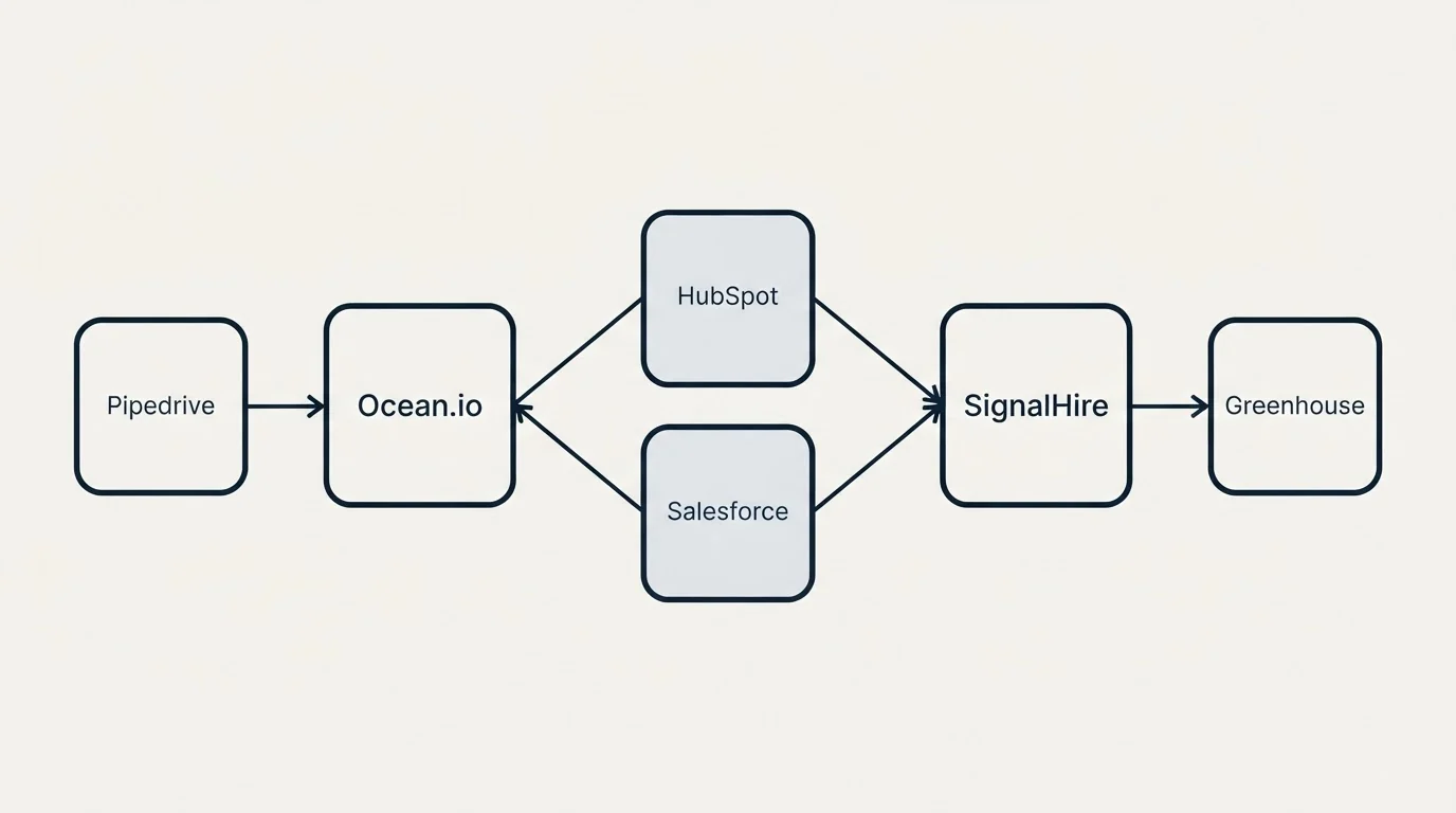 Integration schematic: Integration Ecosystem (Ocean.io, SignalHire, HubSpot, Salesforce)