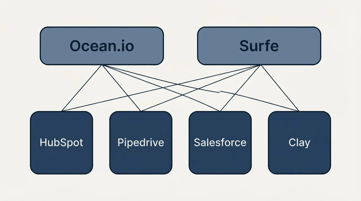Integration grid: Integration Ecosystem (Ocean.io, Surfe, HubSpot, Pipedrive)