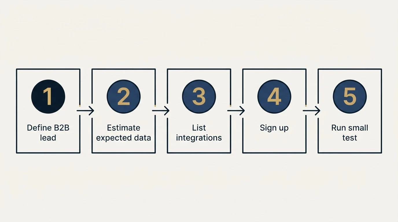 Step sequence: Getting Started Checklist (Define B2B lead, Estimate expected data, List integrations, Sign up)