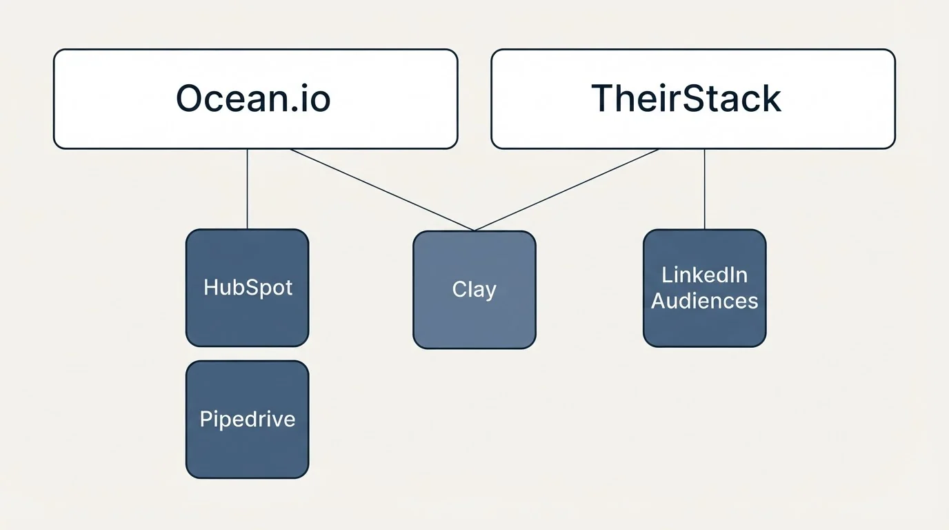 Integration grid: Integration Ecosystem (Ocean.io, TheirStack, Clay, HubSpot)