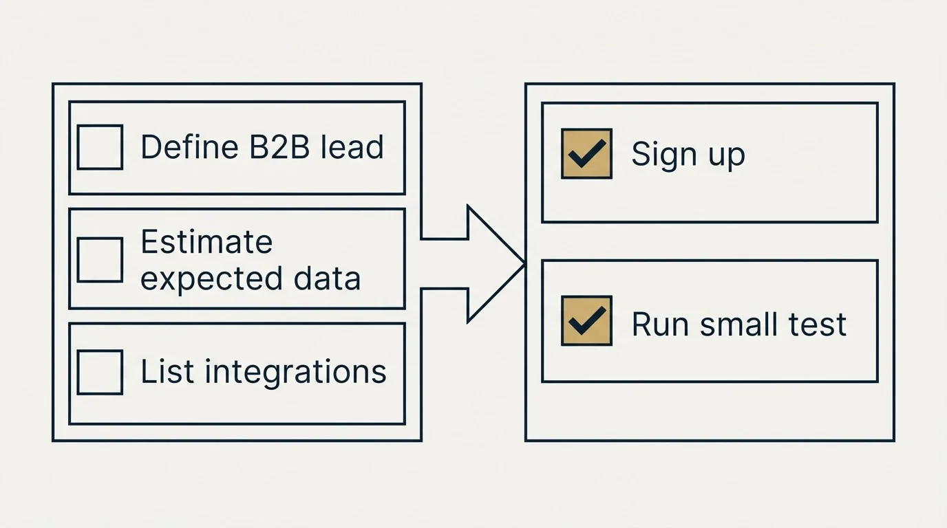 Before-and-after steps: Getting Started Checklist (Define B2B lead, Estimate expected data, List integrations, Sign up)