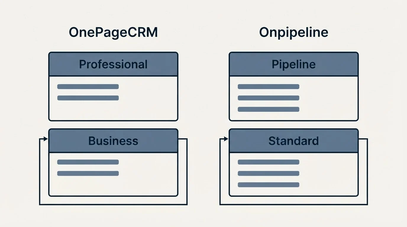 Pricing panels: Pricing Comparison (OnePageCRM, Onpipeline, Professional, Pipeline)