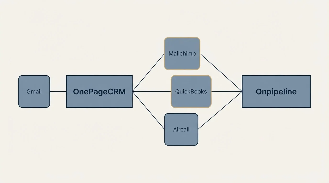 Integration schematic: Integration Ecosystem (OnePageCRM, Onpipeline, Mailchimp, QuickBooks)