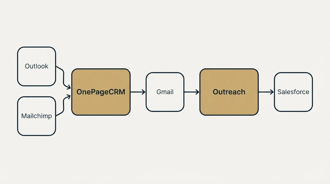 Integration schematic: Integration Ecosystem (OnePageCRM, Outreach, Gmail, Outlook)