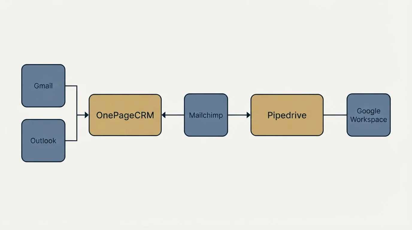 Integration flow: Integration Ecosystem (OnePageCRM, Pipedrive, Mailchimp, Gmail)