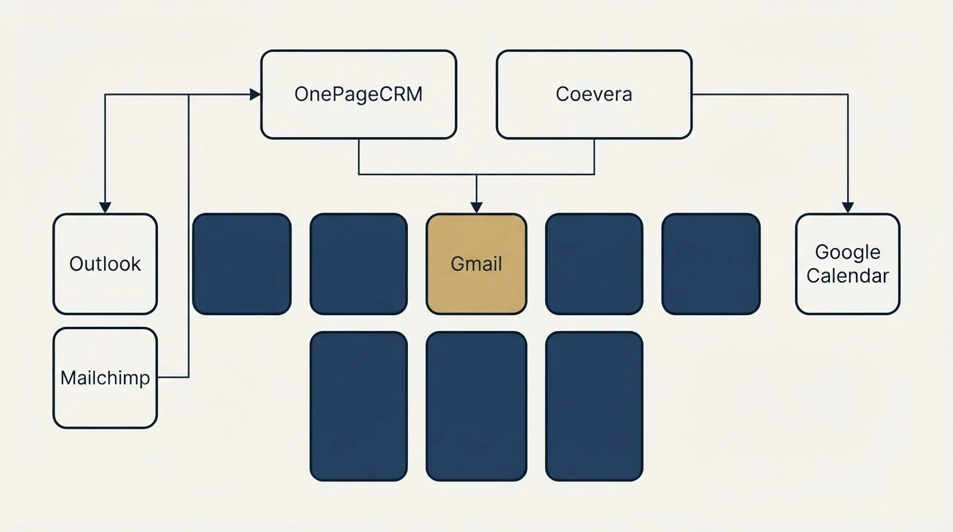 Integration grid: Integration Ecosystem (OnePageCRM, Coevera, Gmail, Outlook)