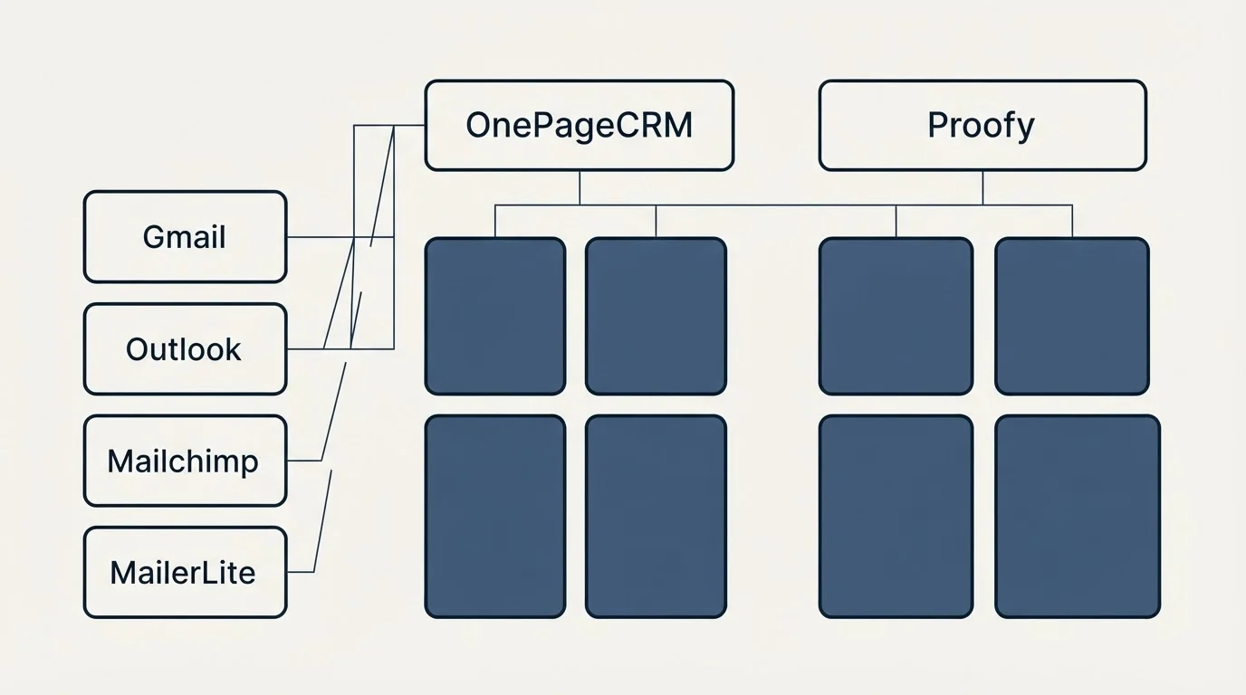 Integration grid: Integration Ecosystem (OnePageCRM, Proofy, Gmail, Outlook)