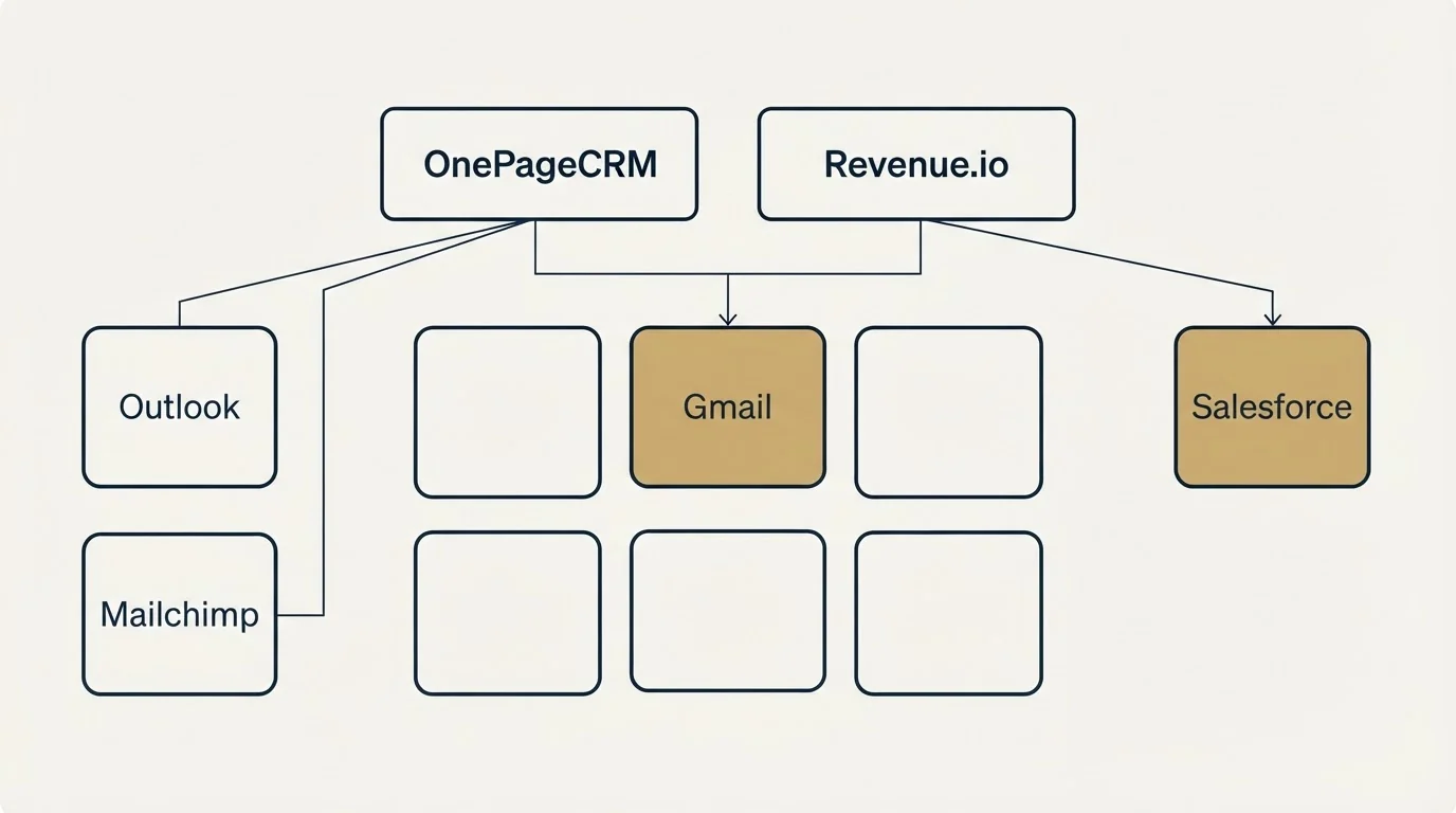 Integration grid: Integration Ecosystem (OnePageCRM, Revenue.io, Gmail, Outlook)