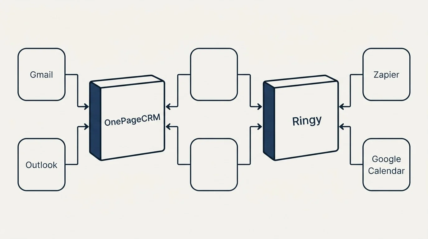 Integration flow: Integration Ecosystem (OnePageCRM, Ringy, Gmail, Zapier)