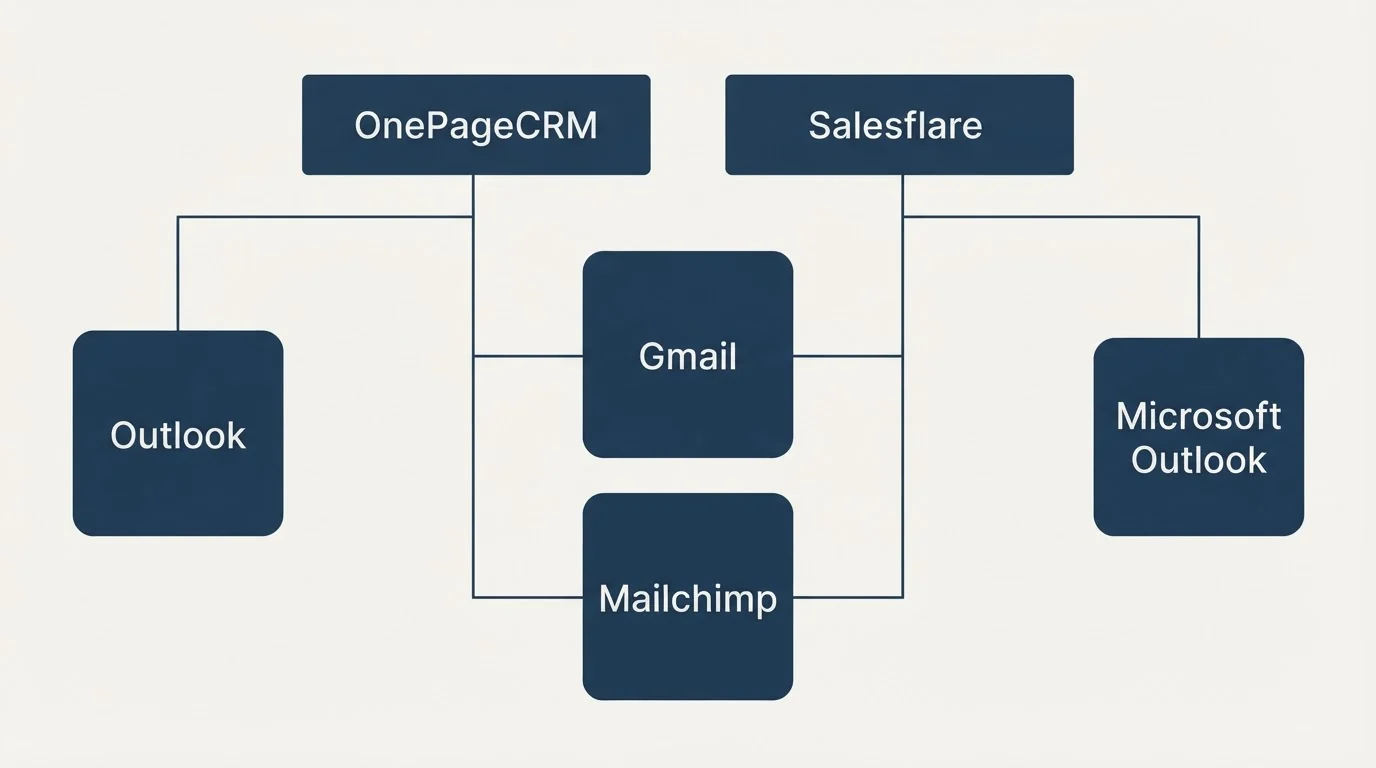 Integration grid: Integration Ecosystem (OnePageCRM, Salesflare, Gmail, Mailchimp)