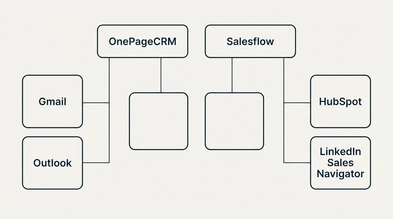 Integration grid: Integration Ecosystem (OnePageCRM, Salesflow, Gmail, HubSpot)