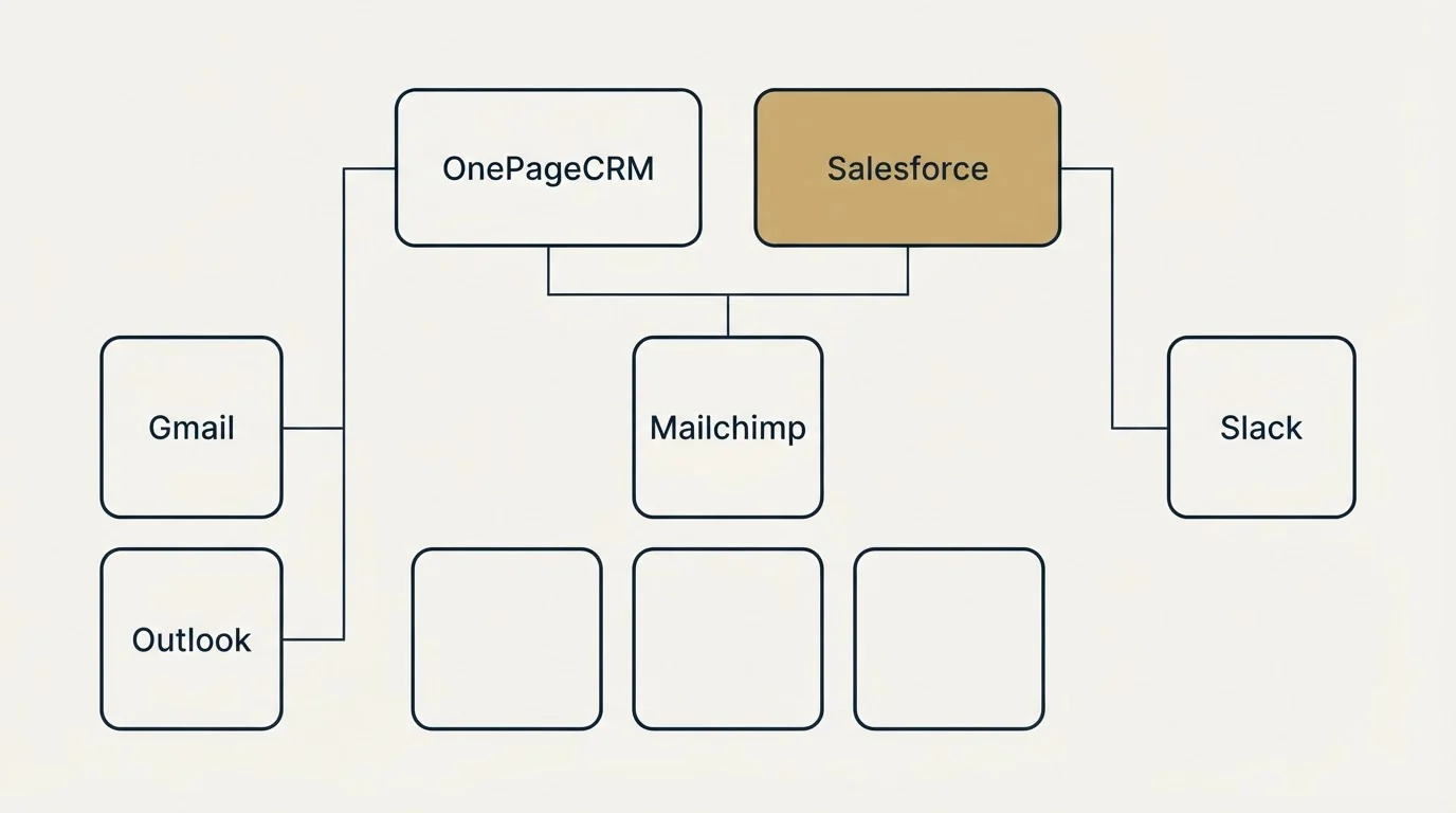 Integration grid: Integration Ecosystem (OnePageCRM, Salesforce, Mailchimp, Gmail)