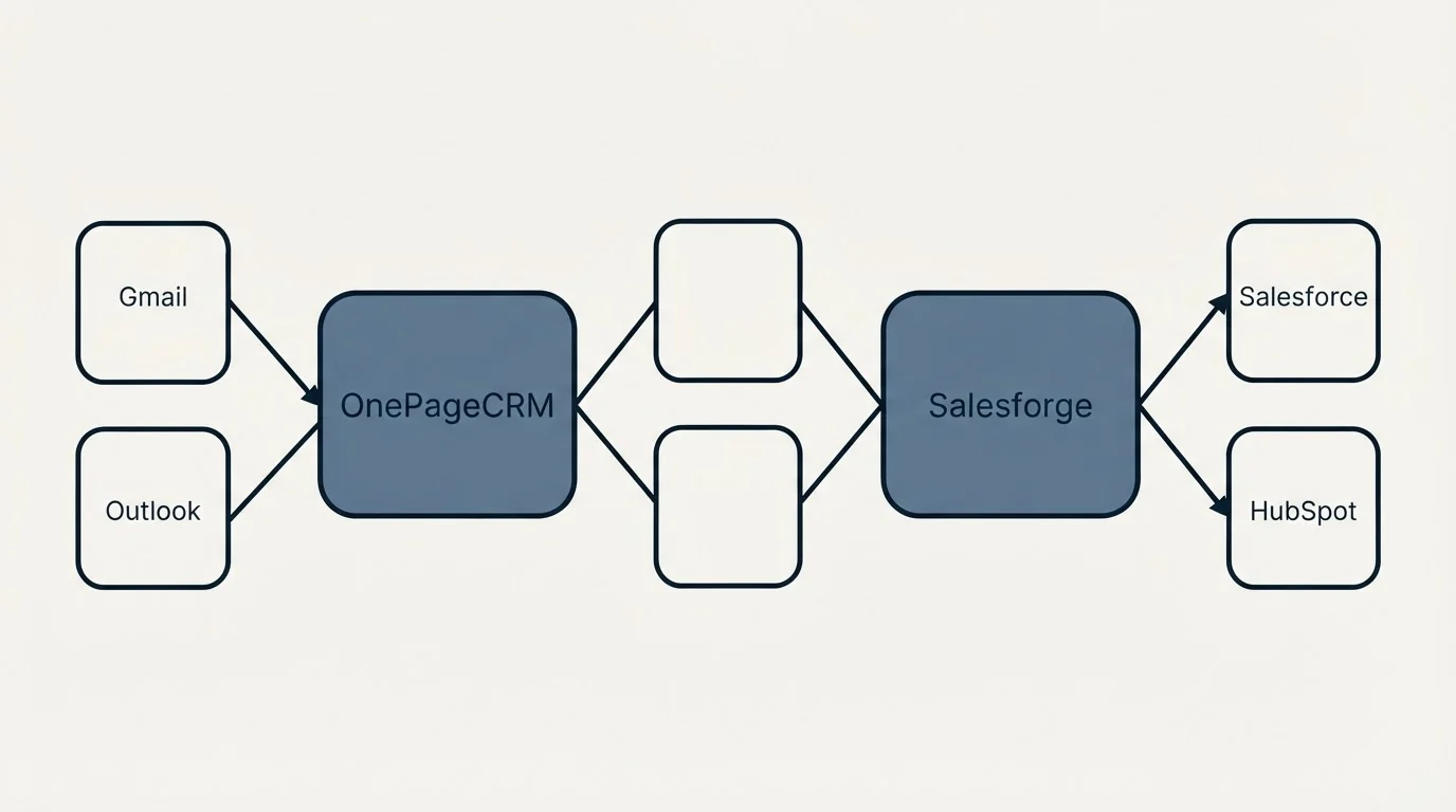 Integration schematic: Integration Ecosystem (OnePageCRM, Salesforge, Gmail, Salesforce)