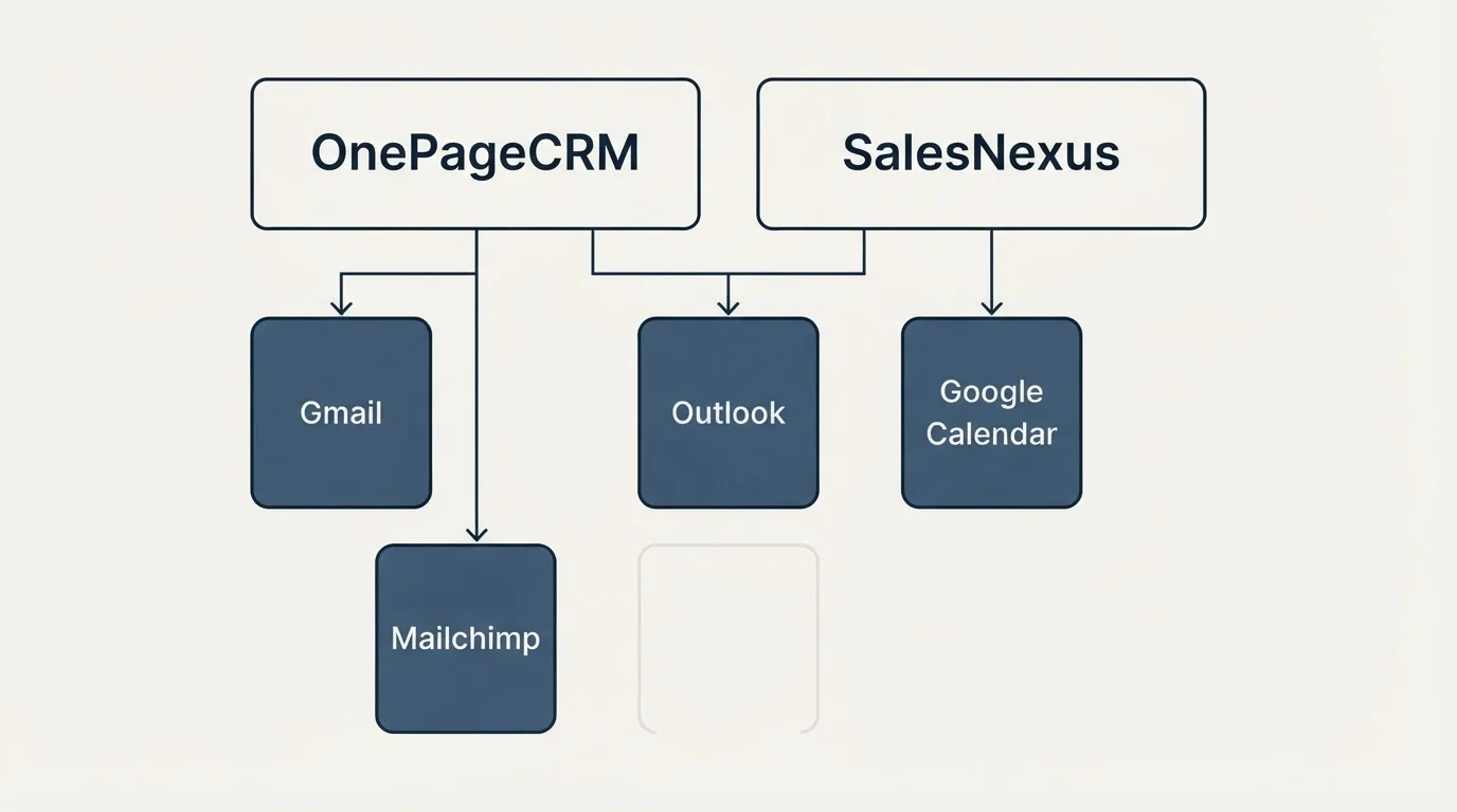 Integration grid: Integration Ecosystem (OnePageCRM, SalesNexus, Outlook, Gmail)
