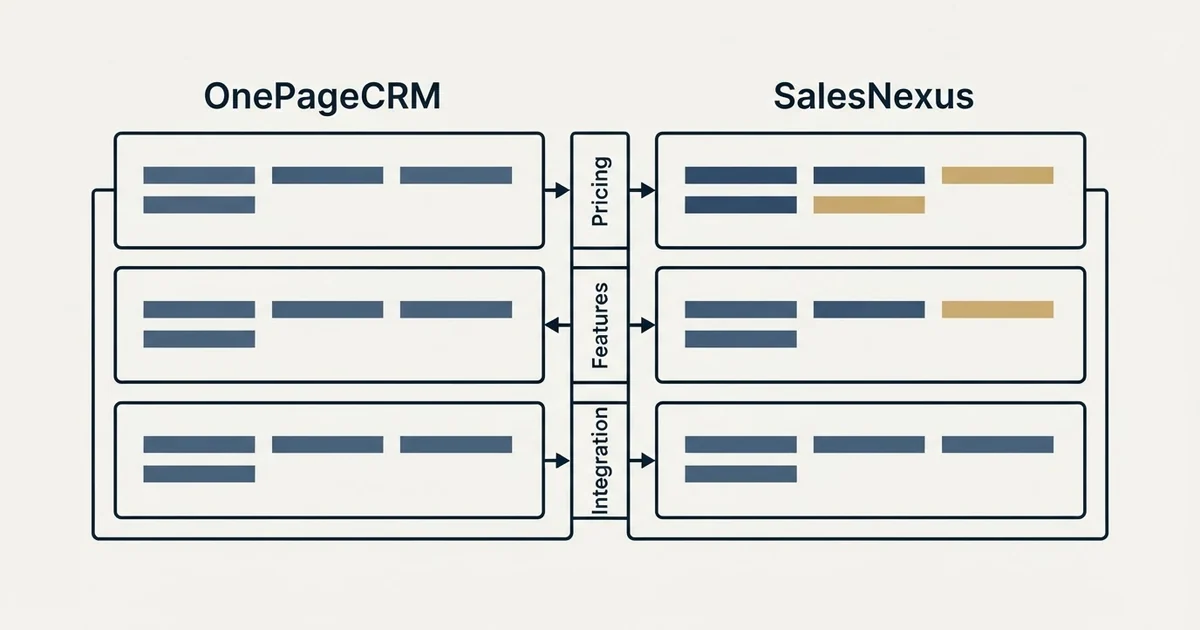 Comparison panel: OnePageCRM vs SalesNexus (Pricing, Features, Integration)