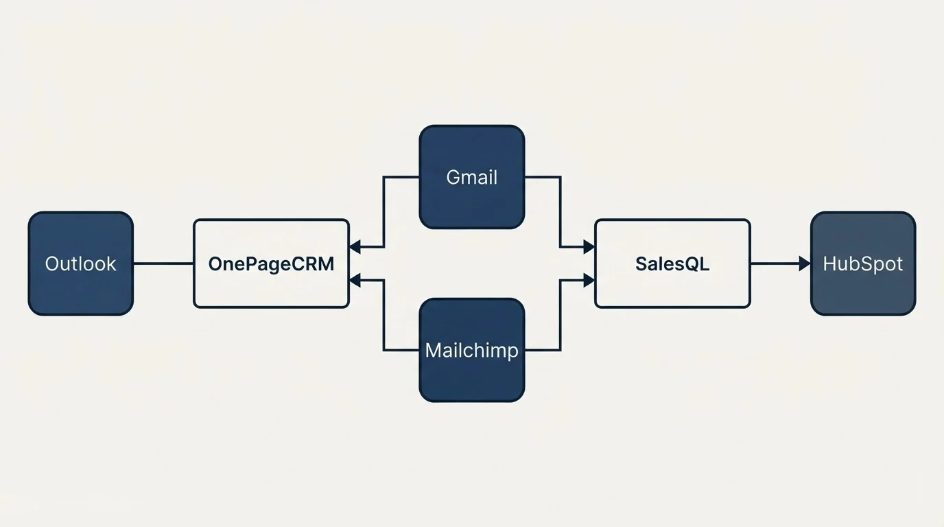 Integration flow: Integration Ecosystem (OnePageCRM, SalesQL, Gmail, Mailchimp)