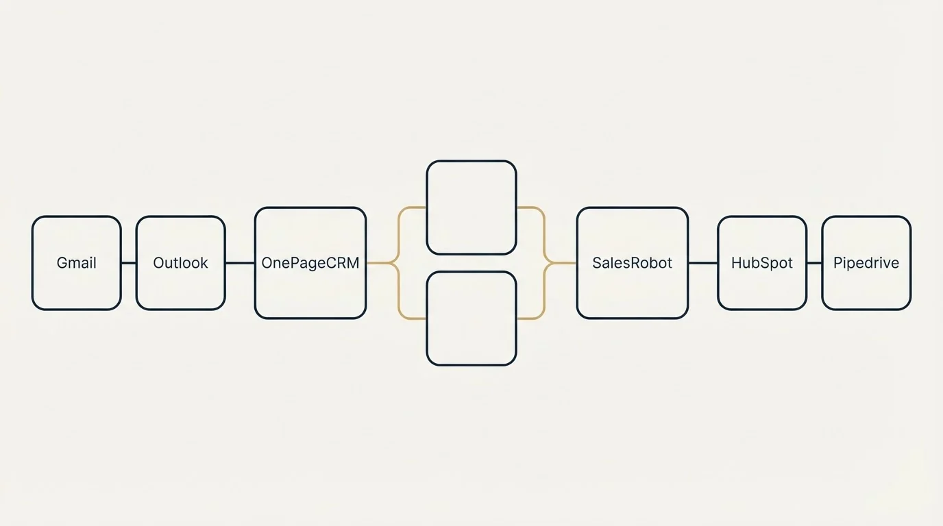 Integration schematic: Integration Ecosystem (OnePageCRM, SalesRobot, Gmail, HubSpot)