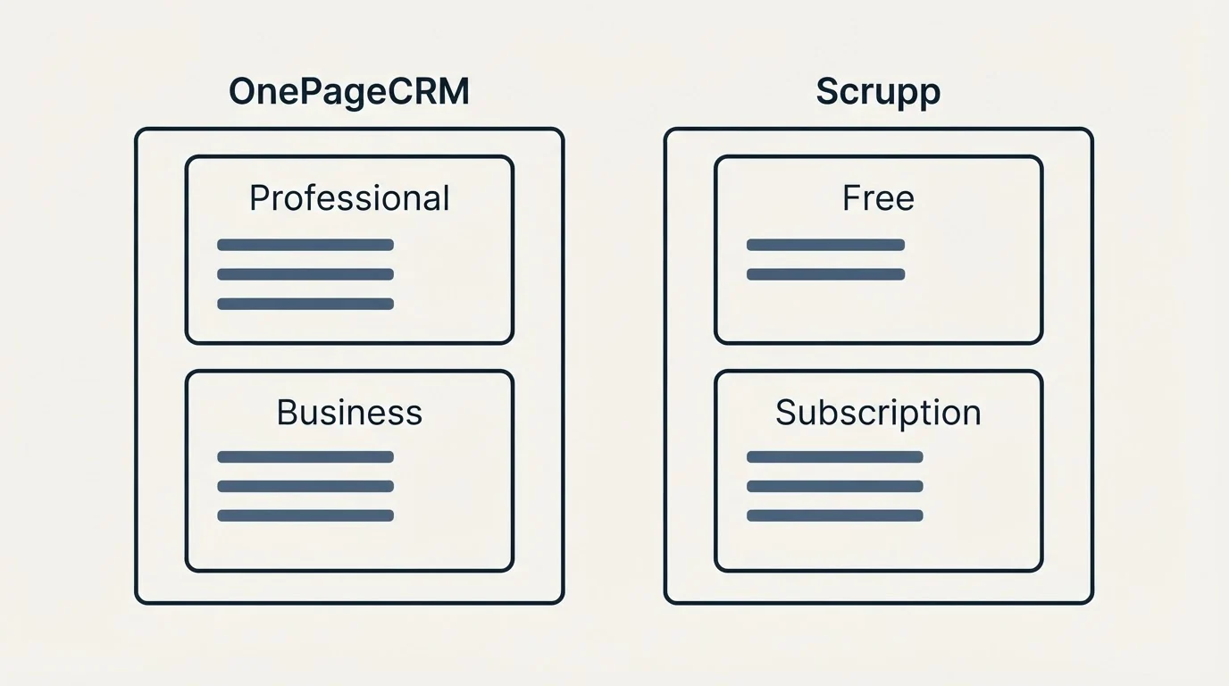 Pricing panels: Pricing Comparison (OnePageCRM, Scrupp, Professional, Free)