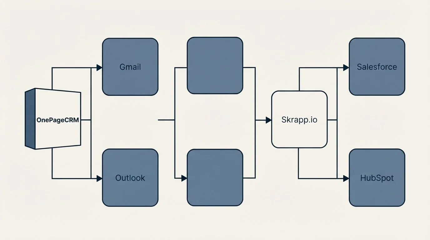 Integration flow: Integration Ecosystem (OnePageCRM, Skrapp.io, Gmail, Salesforce)