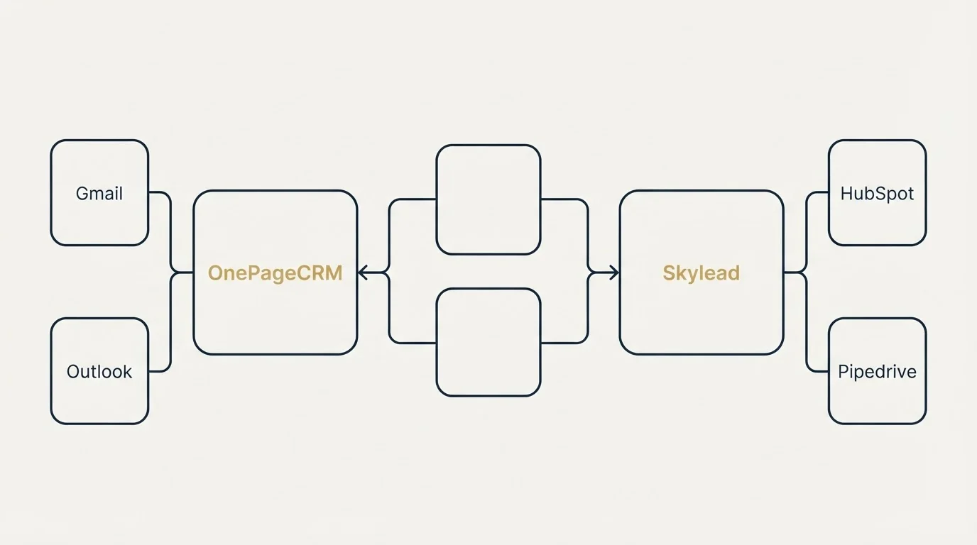 Integration schematic: Integration Ecosystem (OnePageCRM, Skylead, Gmail, HubSpot)