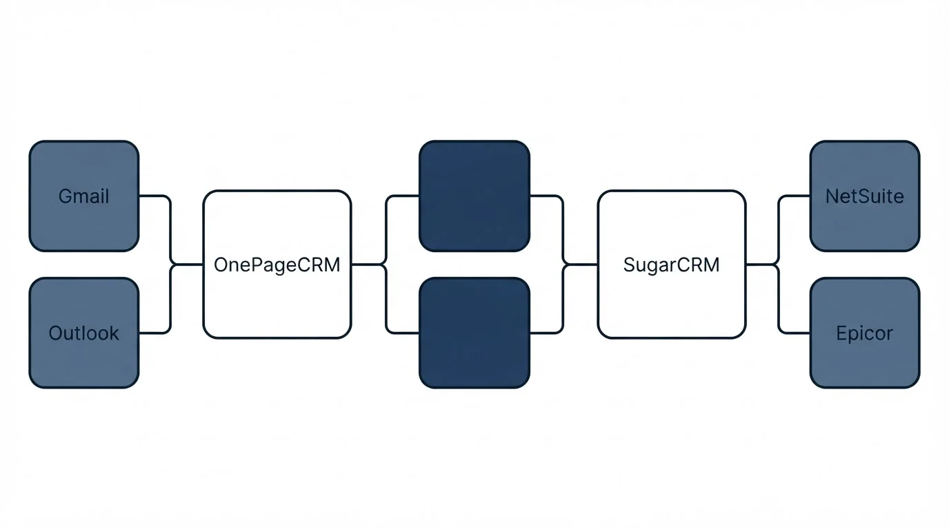 Integration schematic: Integration Ecosystem (OnePageCRM, SugarCRM, Gmail, NetSuite)