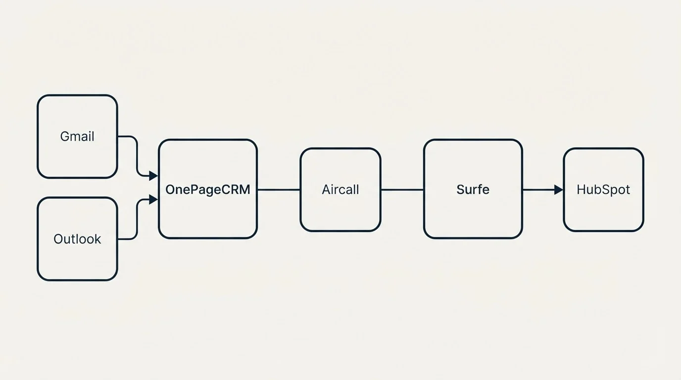 Integration schematic: Integration Ecosystem (OnePageCRM, Surfe, Aircall, Gmail)