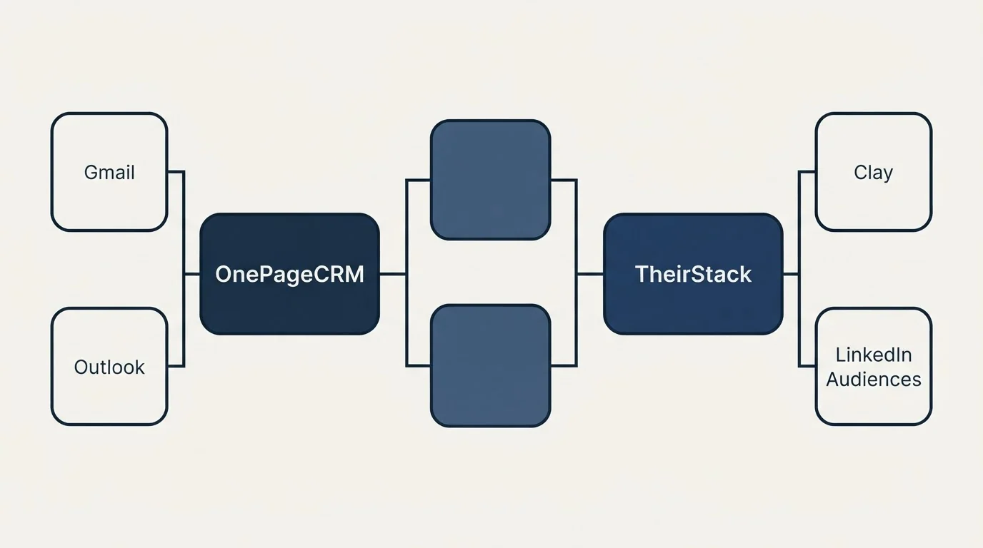 Integration schematic: Integration Ecosystem (OnePageCRM, TheirStack, Gmail, Clay)