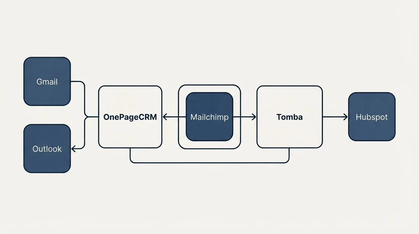 Integration schematic: Integration Ecosystem (OnePageCRM, Tomba, Mailchimp, Gmail)