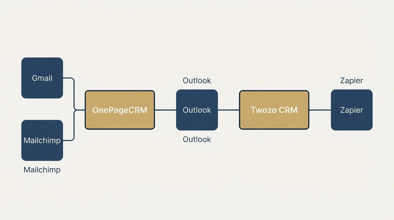 Integration flow: Integration Ecosystem (OnePageCRM, Twozo CRM, Outlook, Gmail)