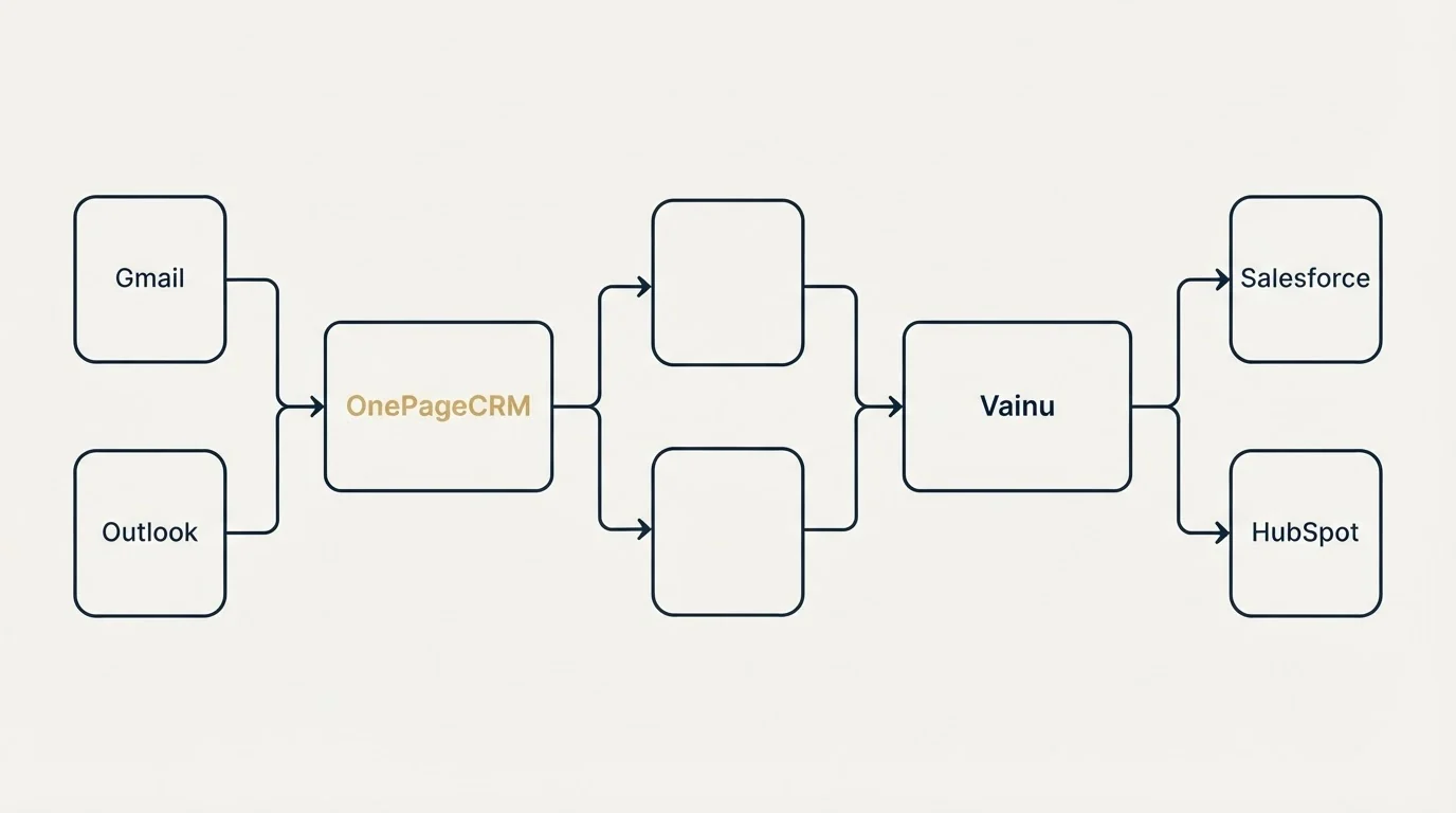 Integration schematic: Integration Ecosystem (OnePageCRM, Vainu, Gmail, Salesforce)