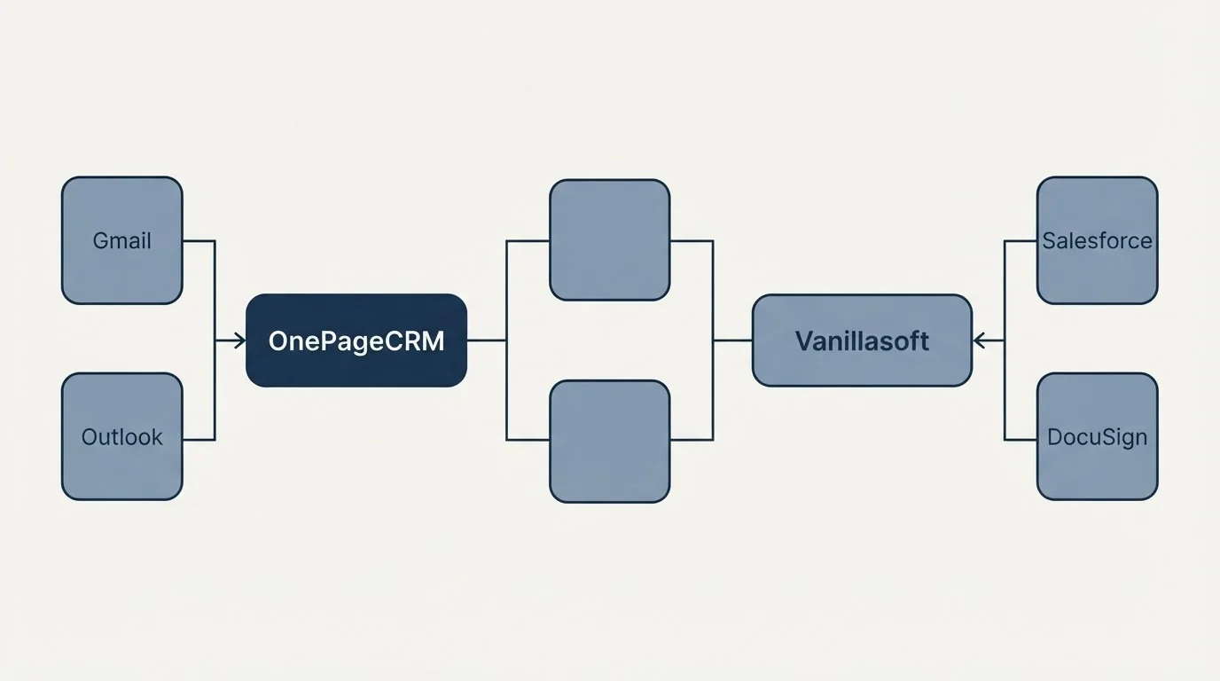 Integration flow: Integration Ecosystem (OnePageCRM, Vanillasoft, Gmail, Salesforce)