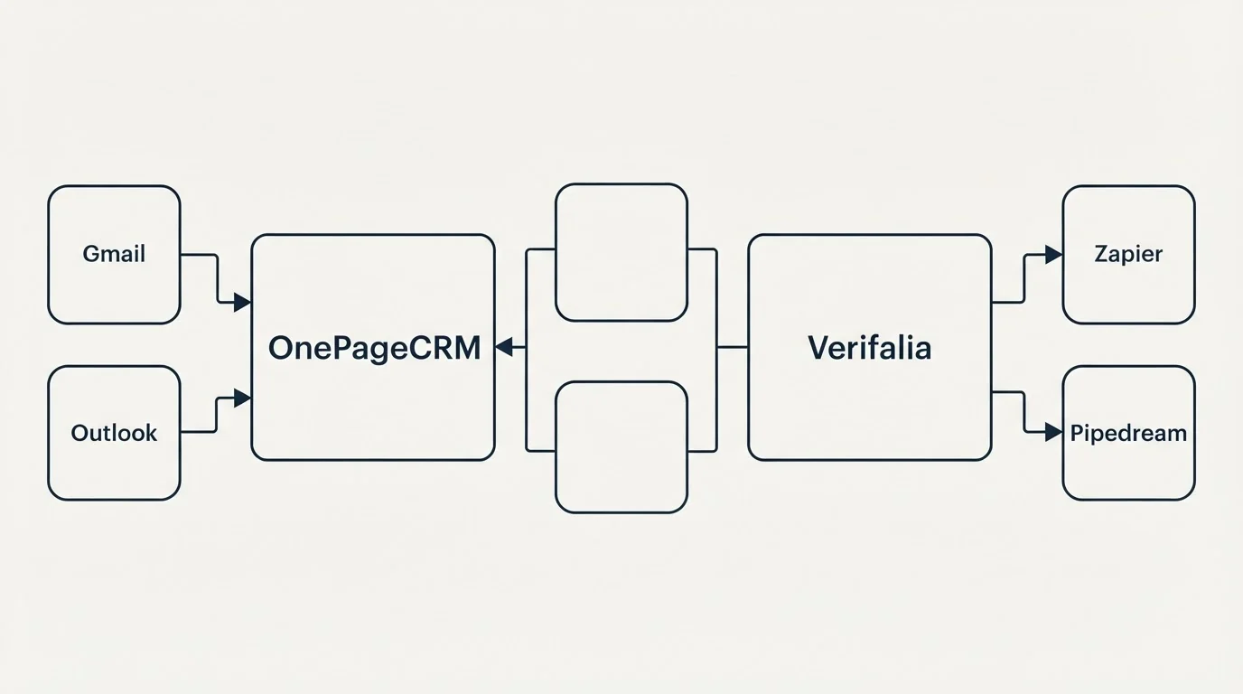 Integration flow: Integration Ecosystem (OnePageCRM, Verifalia, Gmail, Zapier)