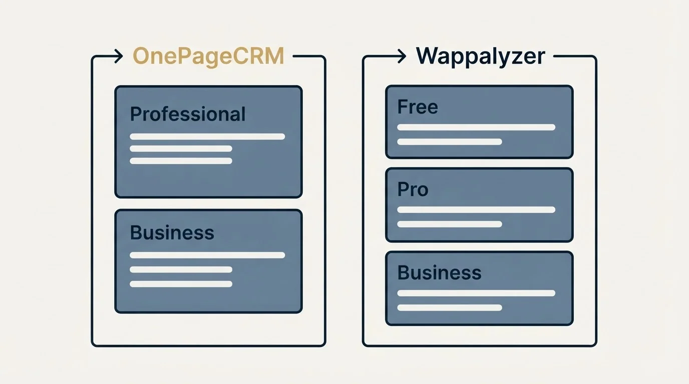 Pricing panels: Pricing Comparison (OnePageCRM, Wappalyzer, Professional, Free)