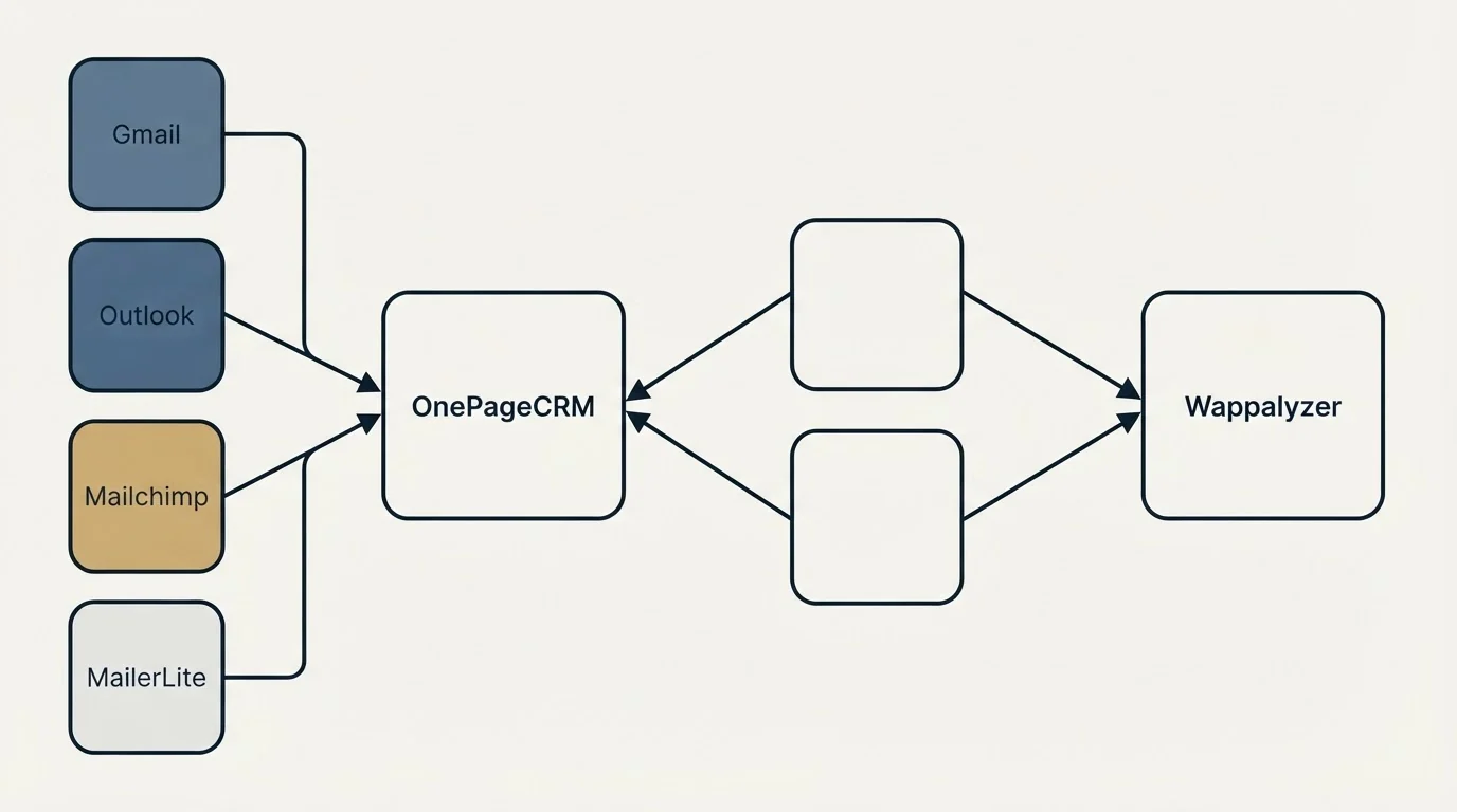 Integration schematic: Integration Ecosystem (OnePageCRM, Wappalyzer, Gmail, Outlook)