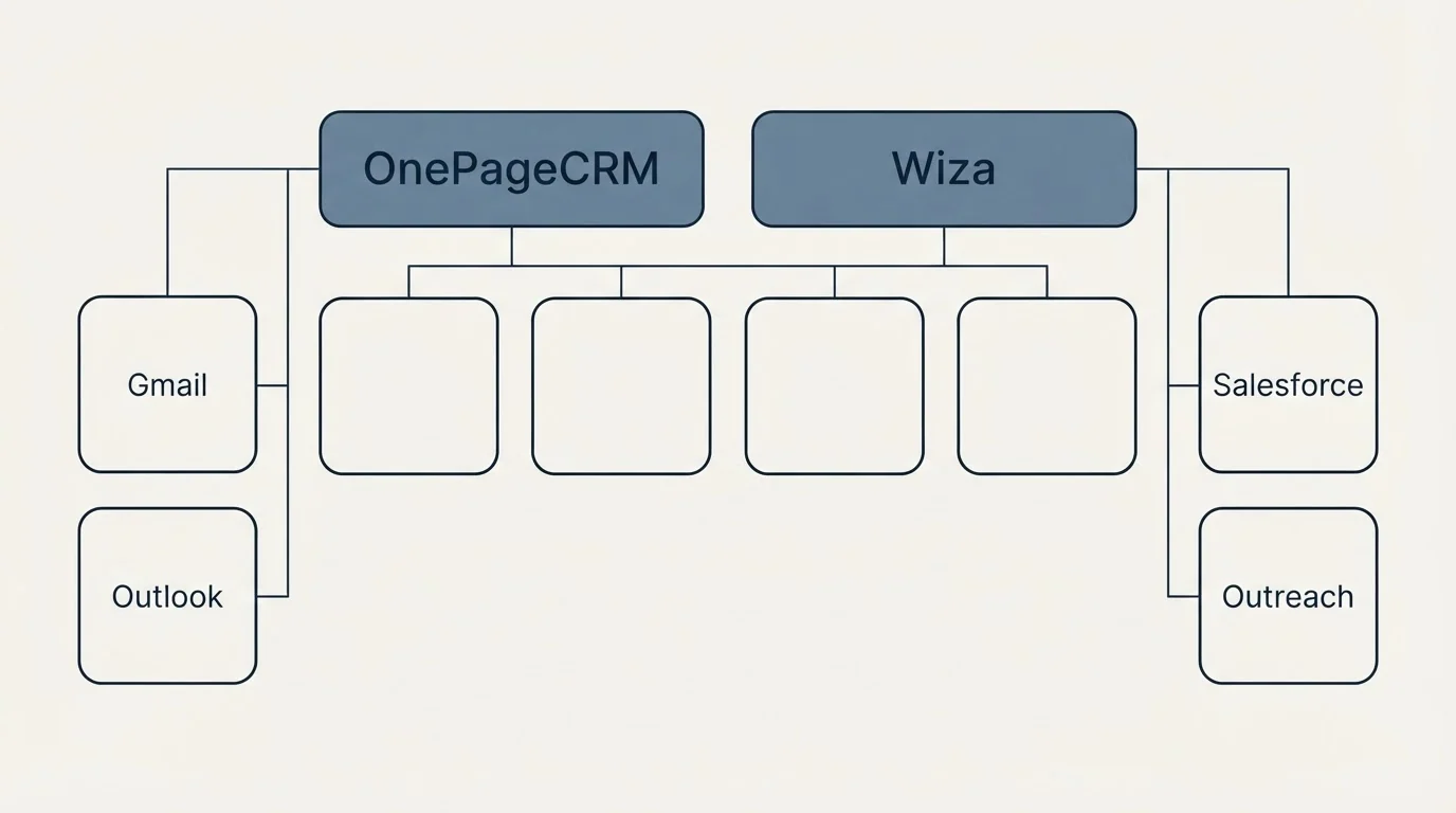 Integration grid: Integration Ecosystem (OnePageCRM, Wiza, Gmail, Salesforce)