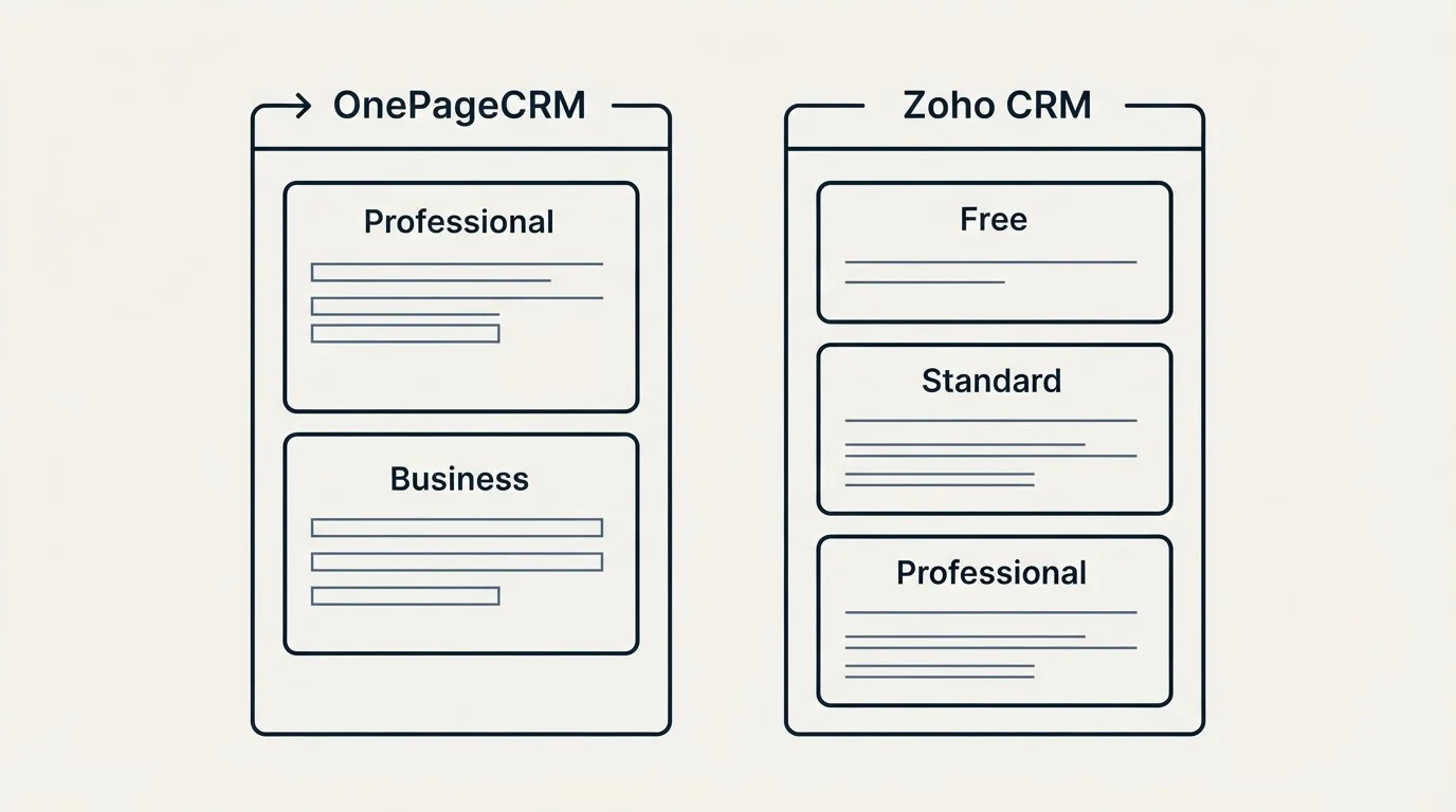 Pricing panels: Pricing Comparison (OnePageCRM, Zoho CRM, Professional, Free)