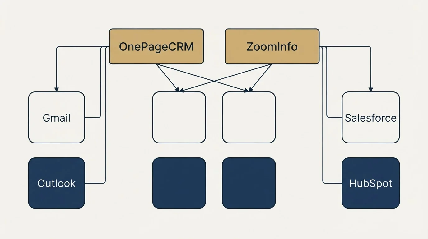 Integration grid: Integration Ecosystem (OnePageCRM, ZoomInfo, Gmail, Salesforce)